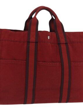 HERMES Deauville Hand Bag Canvas Red Silver Auth bs33188